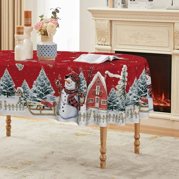 Sm:)e Snowman Christmas Tablecloth 60x84 Inch Oval, Pine Snow Washable Table Cover for Party Picnic Dinner Decor