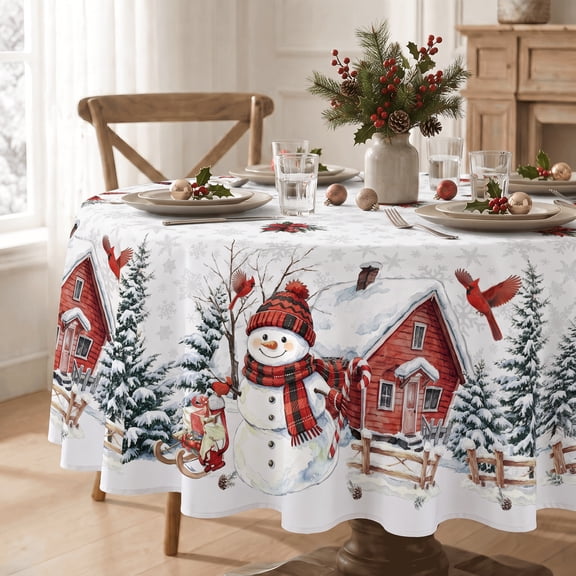 Sm:)e Snowman Northern Cardinal Christmas Tablecloth, Round 70 Inch, Winter Table Cover for Dinner/Party Decoration/Holiday