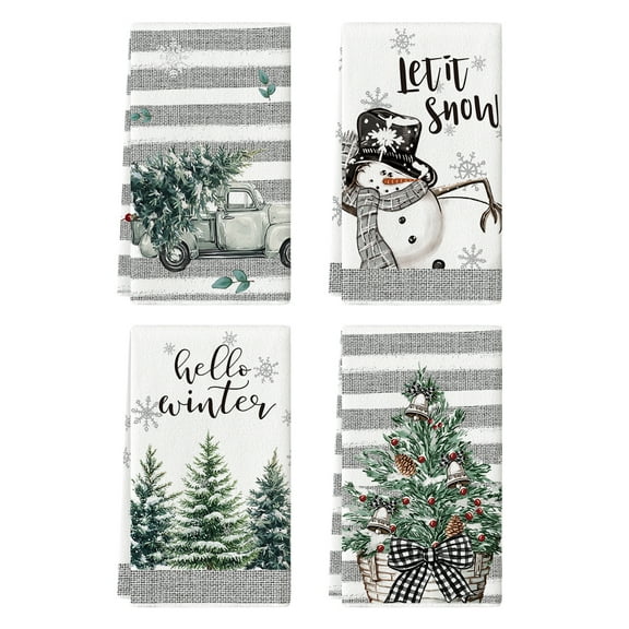 Sm:)e Snowman Truck Christmas Tree Winter Kitchen Dish Towel Striped 18x26 Inch Set of 2