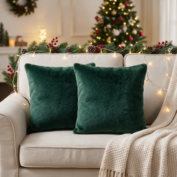 Sm:)e Soft Plush Faux Fur Throw Pillow Covers 18x18 Inch Set of 2, Decorative Cushion Covers for Couch Sofa Bedroom Living Room Home Decor, Green