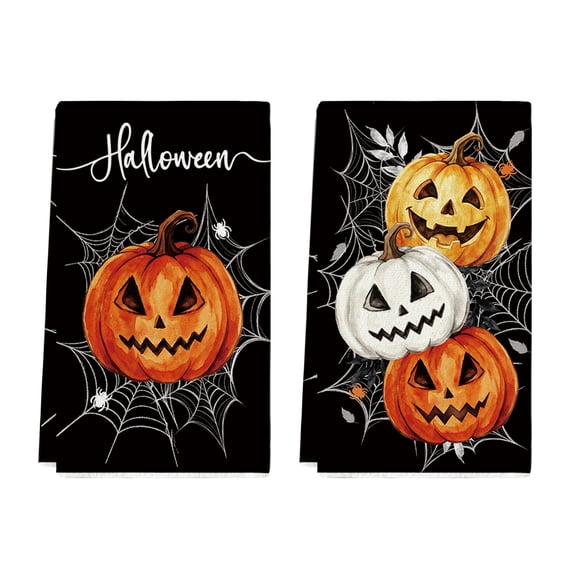 Sm:)e Spider Web Jack-O'-Lantern Black Pumpkin Halloween Kitchen Towels Dish Towels 18x26 Inch Set of 2