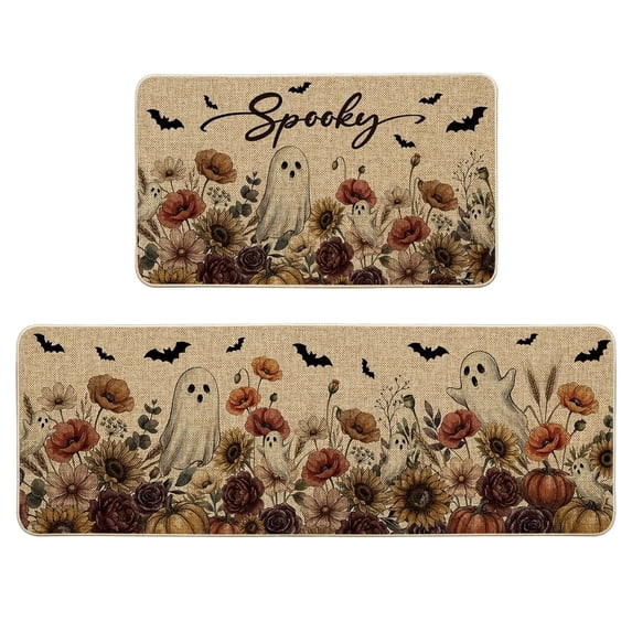 Sm:)e Spooky Ghost Pumpkin Bat Halloween Kitchen Rugs and Mats, 17x29Inch and 17x47 Inch, Non Slip Mat for Porch Patio Hallway