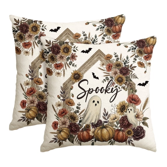 Sm:)e Spooky Ghost Pumpkin Bat Halloween Pillow Covers 18x18 Inch Set of 2, Cushion Covers for Sofa Home Decor