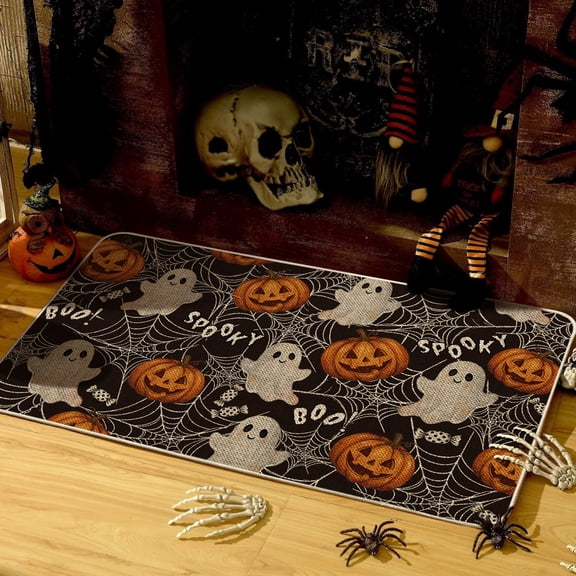 Sm:)e Spooky Ghost Pumpkin Spider Web Halloween Doormat 17x29 Inch, Non Slip Linen Door Mat Inside Washable Entryway Carpet Rug for Porch Patio Hallway