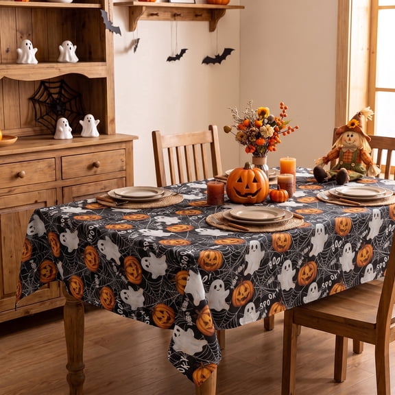 Sm:)e Spooky Ghost Pumpkin Spider Web Halloween Tablecloth 60x84 Inch, Wrinkle-Resistant & Machine Washable Table Cover for Dining Decor, Rectangle