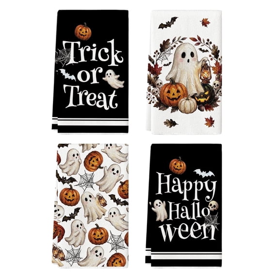 Sm:)e Spooky Jack-o'-lantern Ghost Bat Halloween Dish Towels Set of 4, 18x26 Inch, Seasonal Holiday Hand Towels for Kitchen and Dining Table