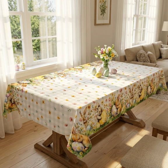 Sm:)e Spring Flowers Bunny Easter Tablecloth - 60x104 Inch Polyester, Machine Washable & Reusable Table Cover for Indoor & Outdoor Use, Buffalo Plaid