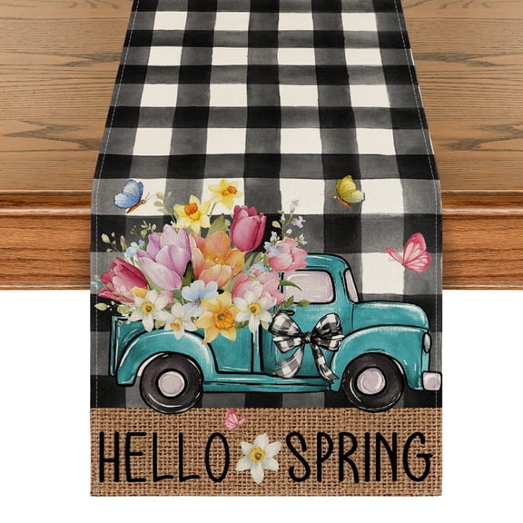 Sm:)e Spring Table Runner with Flowers Floral Truck 13 x 72 Inch, White and Black Buffalo Plaid Spring Kitchen Decor
