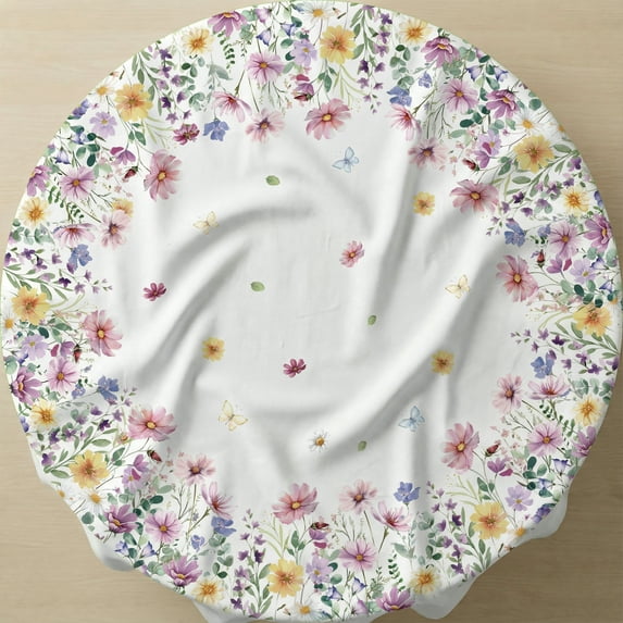 Sm:)e Spring Tablecloth 60 Inch Round, Wildflowers Floral Butterfly Washable Table Cover for Party Picnic Dinner Decor