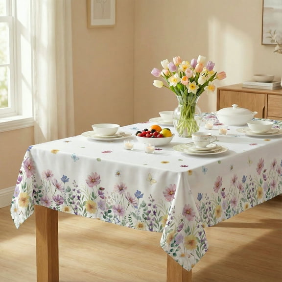 Sm:)e Spring Tablecloth 60x84 Inch, Wildflowers Floral Butterfly Washable Table Cover for Party Picnic Dinner Decor