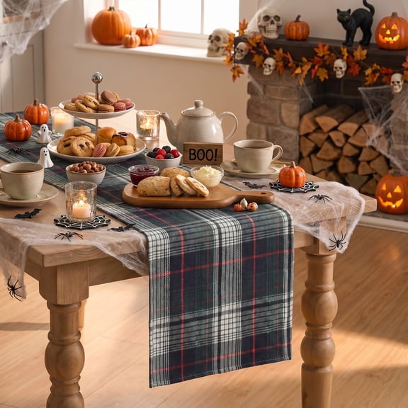 Sm:)e Fall Winter Rustic Farmhouse Plaid Halloween Table Runner 13x72 Inch, Dark Blue Green Check Holiday Decor