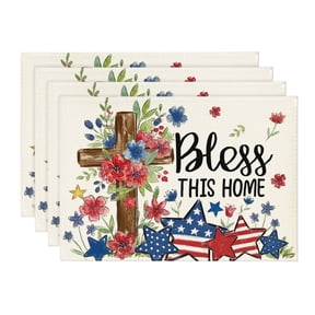 Sm:)e Stars Cross Flowers 4th of July Placemats Set of 4 12x18 Inches, Durable and Easy Cleaning Perfect for Independence Day Celebration and Family Gathering