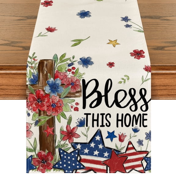 Sm:)e Stars Cross Flowers 4th of July Table Runner 13x72 Inch, Patriotic Decor Durable and Stylish Independence Day Party and Family Gathering Supply