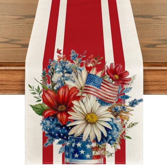 Sm:)e Stripes Colorful Flowers Vases Stars Fireworks Patriotic America 4th of July Table Runner Decoration for Home Kitchen Holiday Party 13x72 Inch