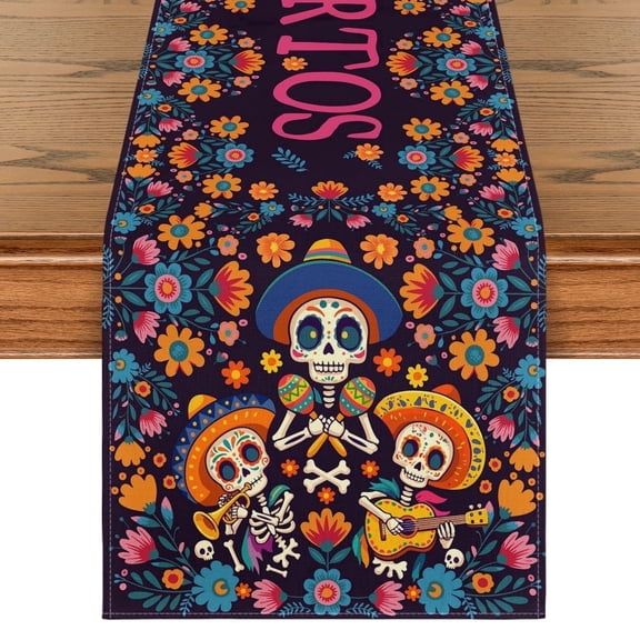 Sm:)e Suger Skull Halloween Table Runner 13x72 Inch,Watercolor Marigolds Skull Day of The Dead Table Runner,Supplies for kitchen Dining Roon,Halloween Home Party Decor