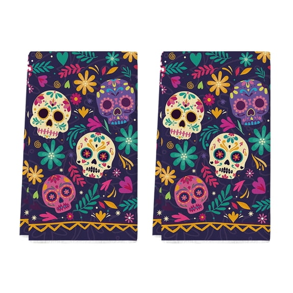 Sm:)e Suger Skulls Floral Day of The Dead Kitchen Towels Dish Towels, 18x26 Inch Halloween Decoration Hand Towels Set of 2