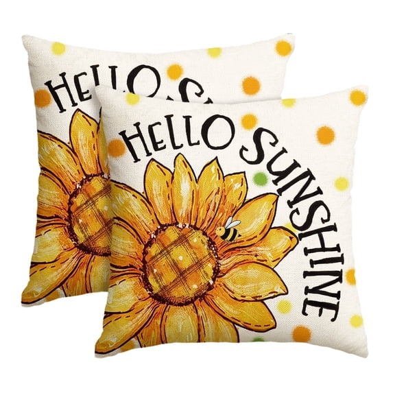 Sm:)e Summer Pillow Cover Set of 2 - 18x18 Inch Hello Sunshine Sunflower Polyester Decorative Cushions