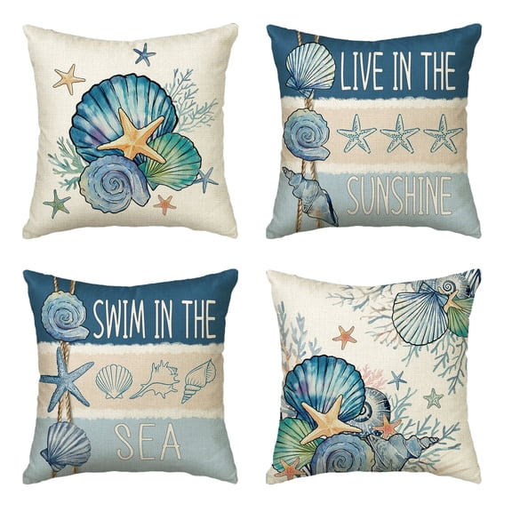 Sm:)e Summer Pillow Cover Set of 4 - 18x18 Inch Marine Animals Starfish Conch Shells Corals Polyester Decorative Cushions