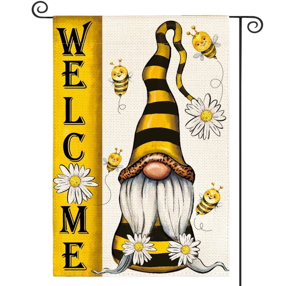 Sm:)e Yellow Summer Daisy Welcome Bee Gnome Garden Flag 12 x 18 Inch Double Sided