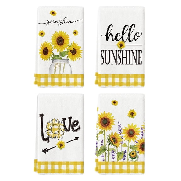 Sm:)e Sunflower Hello Sunshine Summer Kitchen Towels 18x26 Inch Set of 4 Yellow Buffalo Plaid