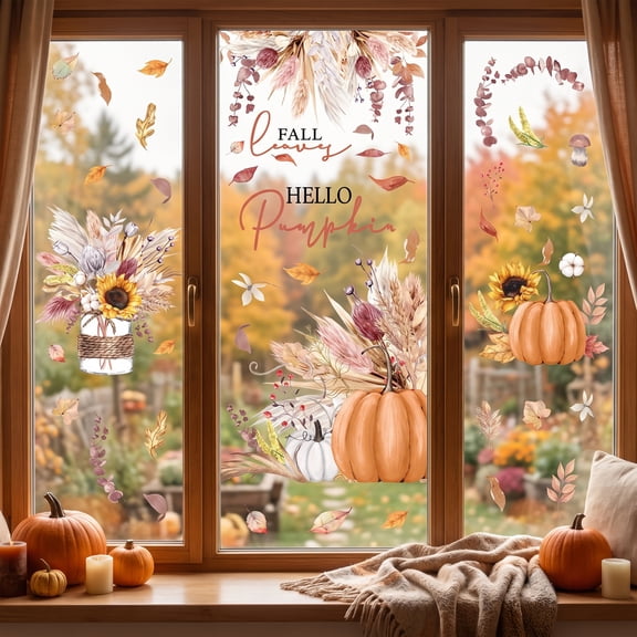 Sm:)e Sunflower Maple Leaves Pumpkin Window Sticker 4PC, Fall Decorations for Classroom Office Home Indoor Party