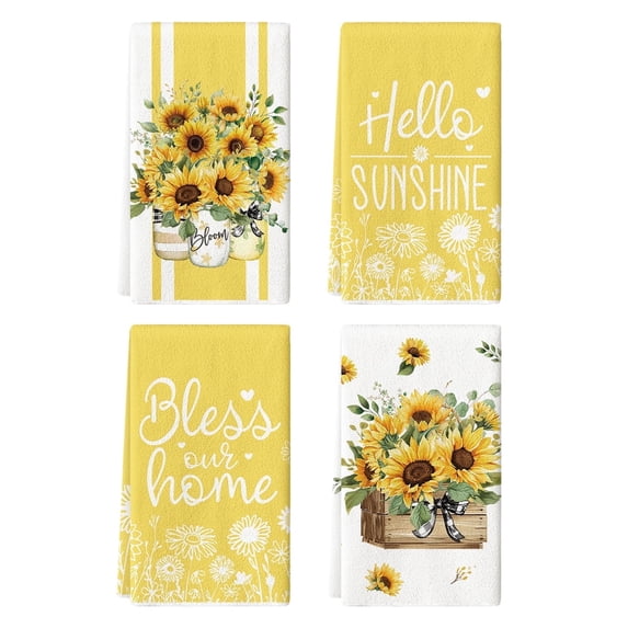 Sm:)e Sunflower Summer Kitchen Dish Towels 18x26 Inch Set of 4, Yellow