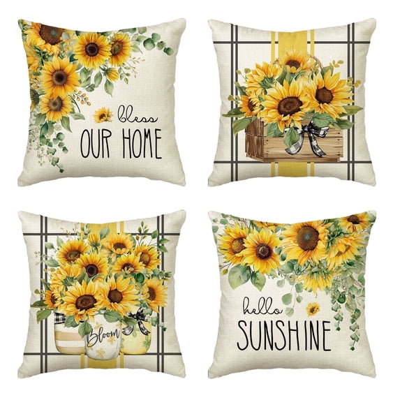 Sm:)e Sunflowers Summer Pillow Cover Set of 4 - 18x18 Inch Hello Sunshine Polyester Decorative Cushions