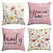 Sme Sweet Home Family Birds Floral Pillow Cover Set of 4 18x18 Inch, Pink
