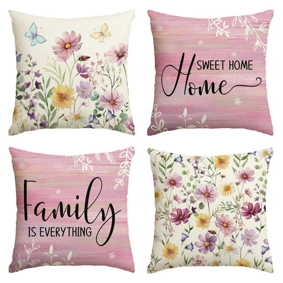 Sm:)e Sweet Home Family Birds Floral Pillow Cover Set of 4 18x18 Inch, Pink