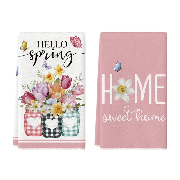 Sm:)e Sweet Home Spring Flowers Kitchen Towels Set of 2, 18x26 Inch, Pink