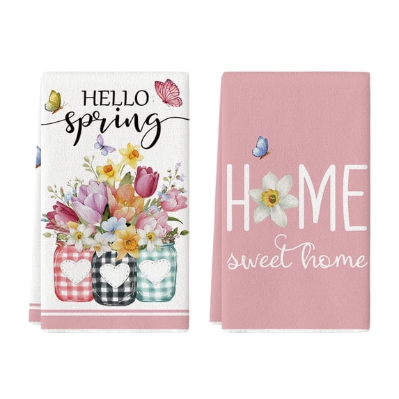 Sm:)e Sweet Home Spring Flowers Kitchen Towels Set of 2, 18x26 Inch, Pink