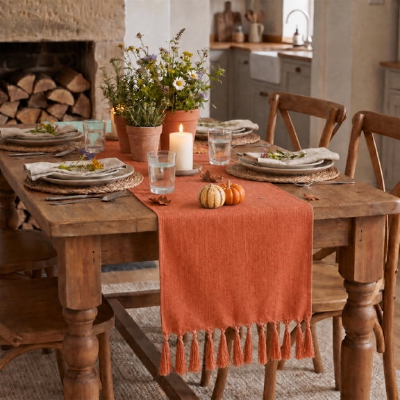 Sm:)e Terracotta Orange Tassel Table Runner, 13x72 Inch, Boho Linen Blend Rustic Farmhouse Style, Holiday Wedding Party Kitchen Table Decor