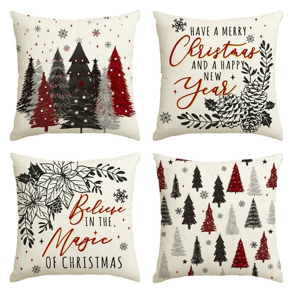 Sm:)e Trees Believe Happy New Year Christmas Pillow Cover Set of 4, 18x18 Inch