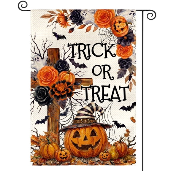 Sm:)e Trick or Treat Ghost Bat Pumpkin Cross Halloween Garden Flag 12 x 18 Inch, Double-Sided Printing, Outdoor Welcome Decor for Yards
