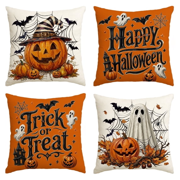 Sm:)e Trick or Treat Ghost Pumpkin Spider Web Bat Happy Halloween Pillow Covers 18x18 Inch Set of 2, Cushion Covers for Sofa Home Decor