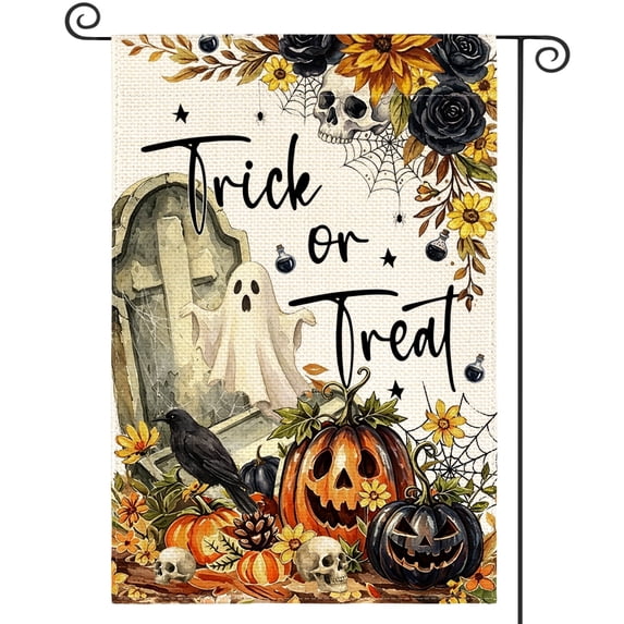 Sm:)e Trick or Treat Ghost Spider Web Pumpkin Cross Halloween Garden Flag 12 x 18 Inch, Double-Sided Printing, Outdoor Welcome Decor for Yards