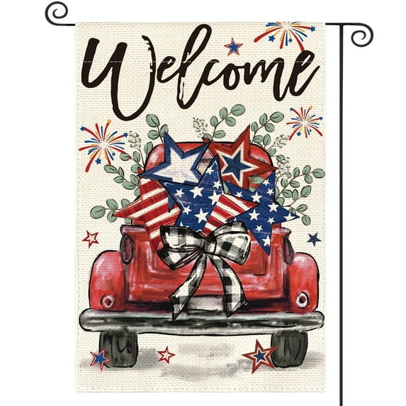 Sm:)e Truck Floral Welcome Fourth of July Garden Flag 12x18 Inch Yard Outdoor Banner Decoration