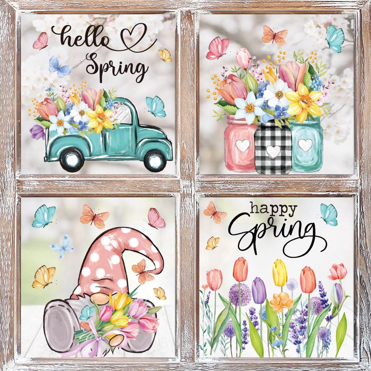 Spring Time Window Stickers Sm:)e 4 Sheets 23PCS Truck Gnome Tulips Floral Spring Window Sticker ...