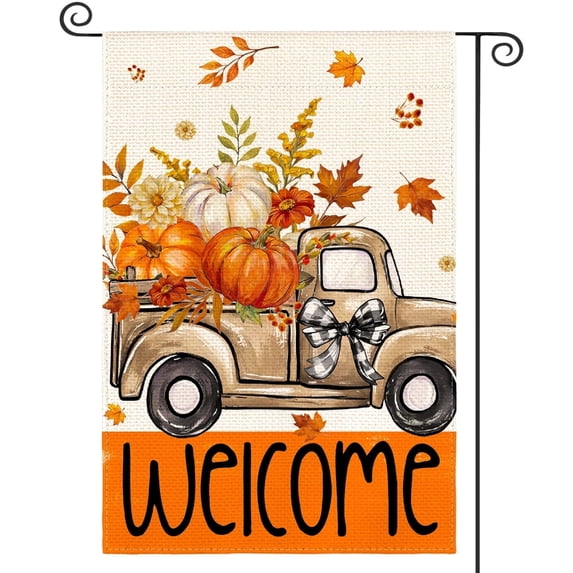 Sm:)e Truck Pumpkin Maple Leaves Fall Garden Flag 12 x 18 Inch, Double-Sided Printing, Seasonal Farmhouse Yard Outdoor Decor