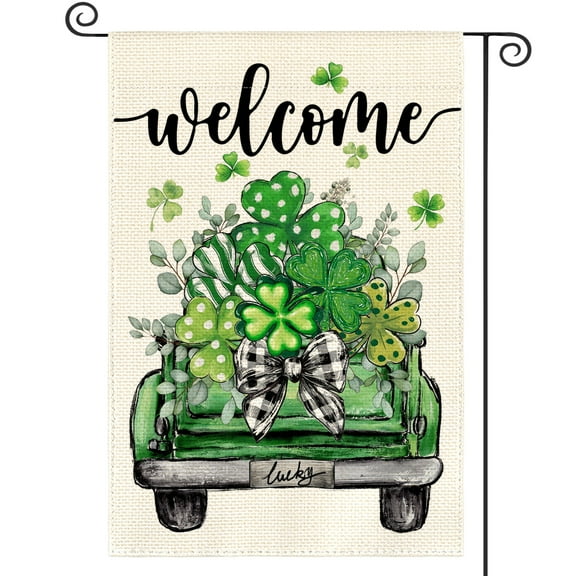 Sm:)e Truck Shamrock Welcome Patricks Day Garden Flag 12x18 inch