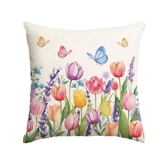 Sm:)e Tulips Butterflies Floral Spring Throw Pillow Covers,18x18 Inch