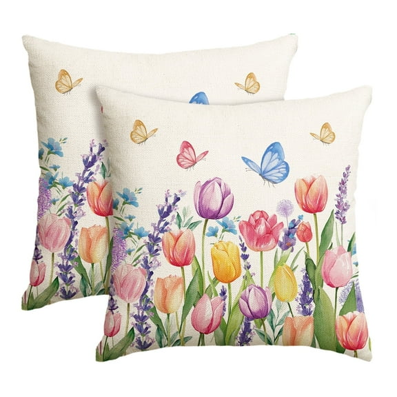 Sm:)e Tulips Butterflies Floral Spring Throw Pillow Covers Set of 2,18x18 Inch