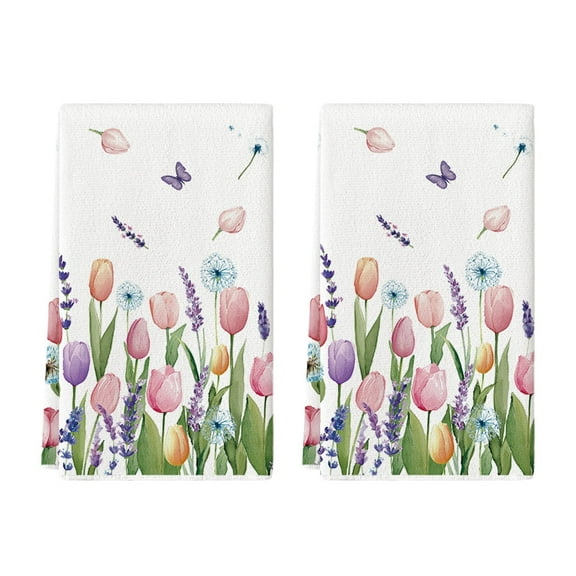 Sm:)e Tulips Floral Spring Kitchen Dish Towel 18x26 Inch Easy Care, Highly Absorbent Polyester Tea Towel 2 Count