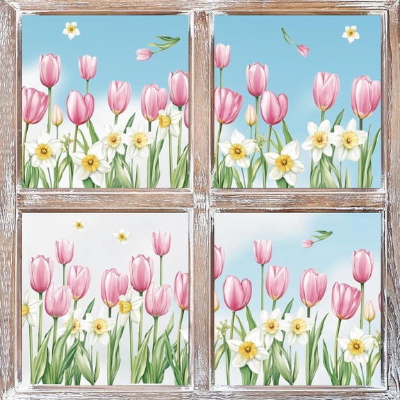 Sm:)e Tulips Floral Spring Window Stickers 4 Sheets 54PCS, Glass Home Classroom Office Shop Display Decoration Reusable Party Supplies