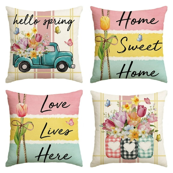 Sm:)e Tulips Floral Truck Love lives Here Spring Throw Pillow Covers Set of 4,18x18 Inch,Multi color