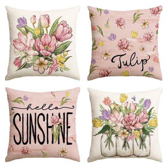 Sm:)e Tulips Flower Vase Spring Pillow Cover Set of 4 - 18x18 Inch Polyester Decorative Cushions, PInk