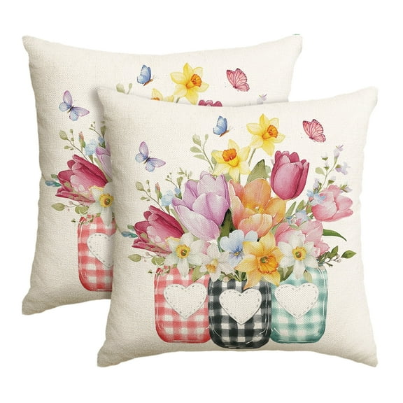 Sm:)e Tulips Gardenias Butterflies Floral Spring Throw Pillow Covers Set of 2,18x18 Inch