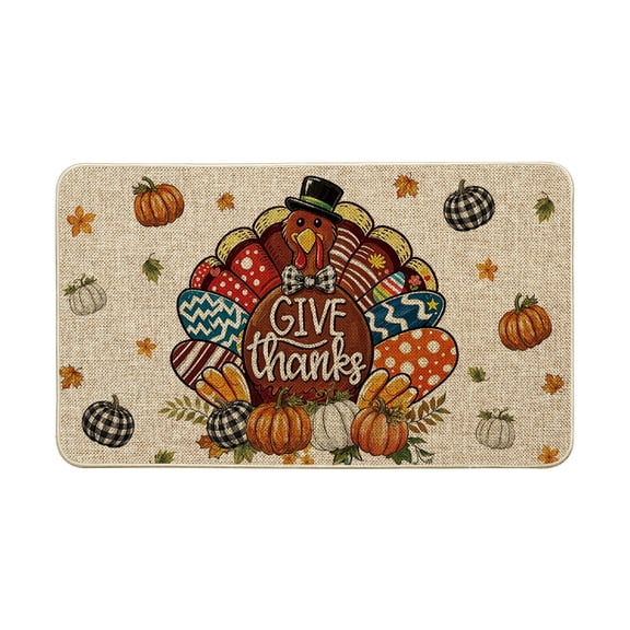 Sm:)e Turkey Pumpkin Bow Thanksgiving Doormat 17x29 Inch, Non Slip Linen Door Mat Inside Washable Entryway Carpet Rug for Porch Patio Hallway