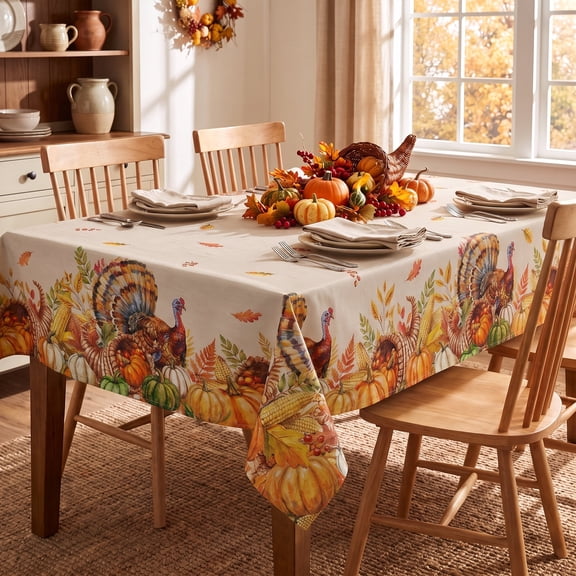 Sm:)e Turkey Pumpkin Maple Leaf Corn Thanksgiving Tablecloth 60x84 Inch, Wrinkle-Resistant & Machine Washable Table Cover for Dining Decor, Rectangle