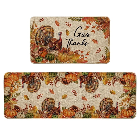 Sm:)e Turkey Pumpkin Maple Leaf Thanksgiving Kitchen Rugs and Mats, 17x29Inch and 17x47 Inch, Non Slip Linen Mat Inside Washable for Porch Patio Hallway